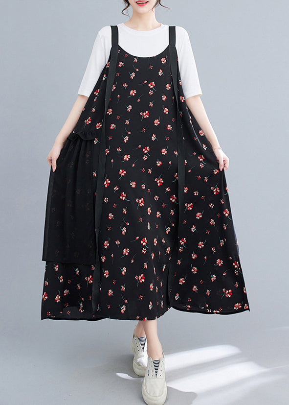 Black Ruffled Patchwork Print Chiffon Strap Dress Summer