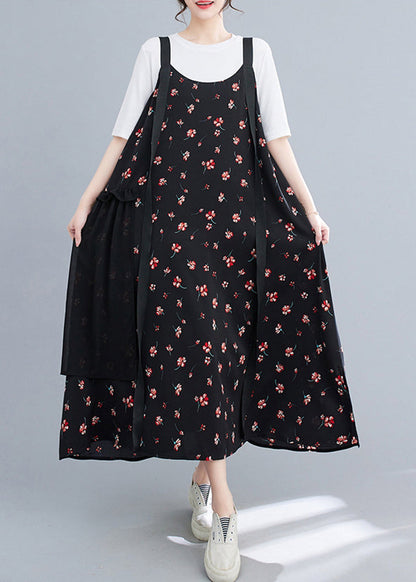 Black Ruffled Patchwork Print Chiffon Strap Dress Summer