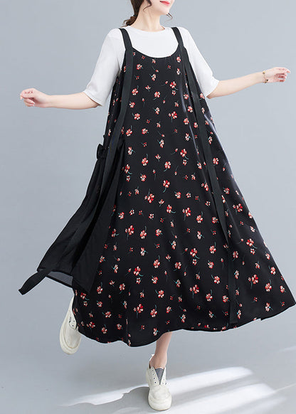 Black Ruffled Patchwork Print Chiffon Strap Dress Summer