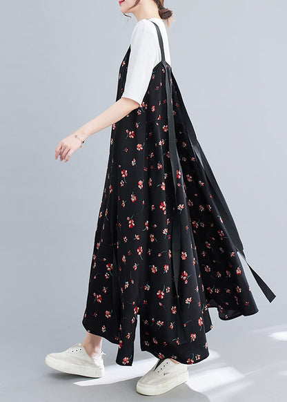 Black Ruffled Patchwork Print Chiffon Strap Dress Summer