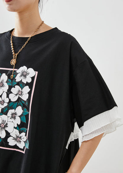 Black Ruffled Patchwork Print Cotton Tanks Summer