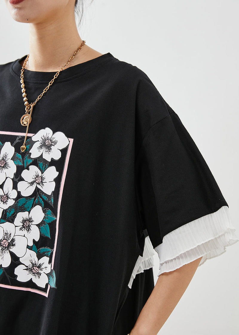 Black Ruffled Patchwork Print Cotton Tanks Summer