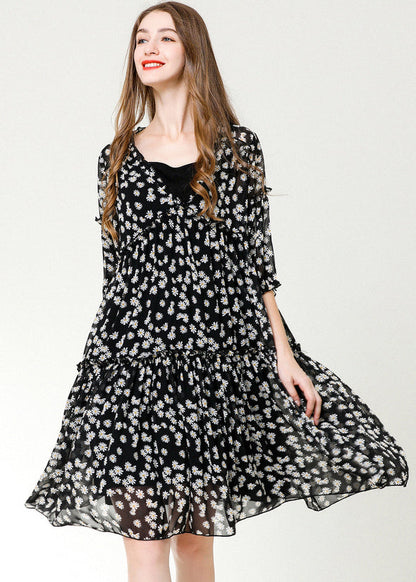 Black Ruffled Print Chiffon Beach Dresses Bracelet Sleeve