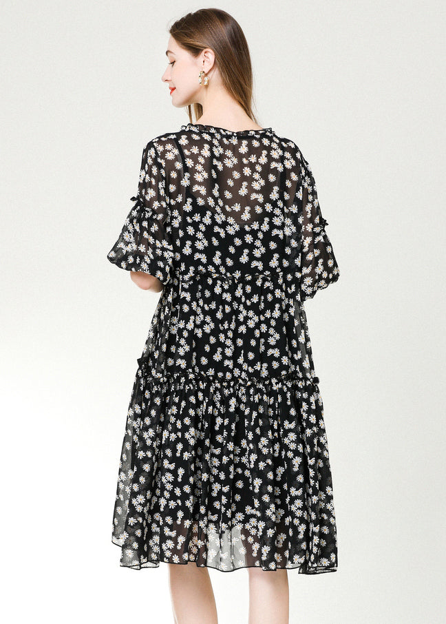 Black Ruffled Print Chiffon Beach Dresses Bracelet Sleeve