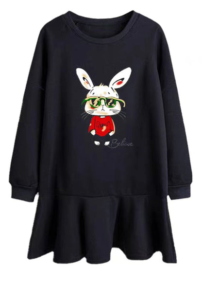 Black Ruffled Print Patchwork Cotton Dresses Fall