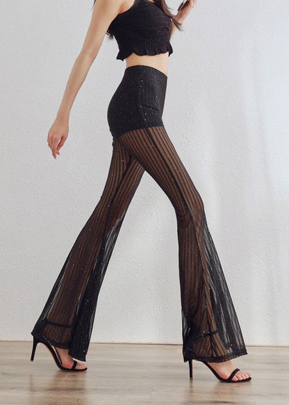 Black Sequins Patchwork Tulle Bell-bottom Trousers Summer