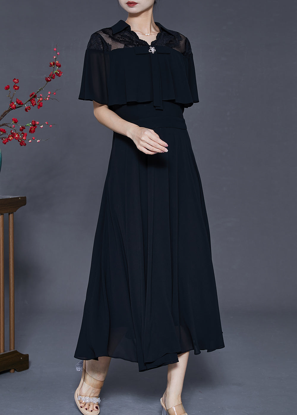 Black Silm Fit Exra Large Hem Chiffon Dress Cloak Sleeves