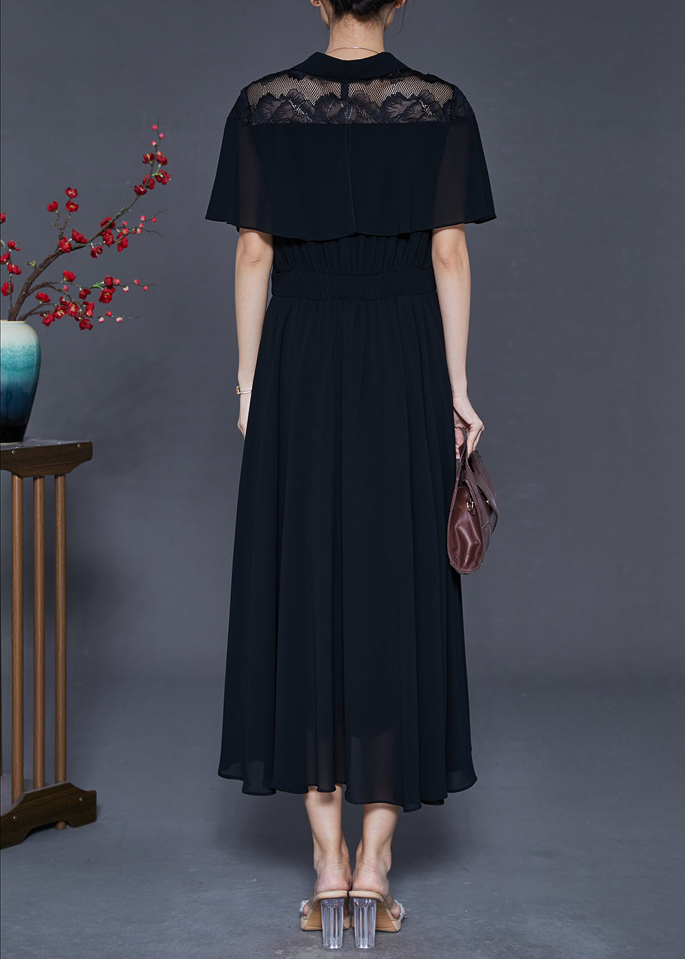 Black Silm Fit Exra Large Hem Chiffon Dress Cloak Sleeves
