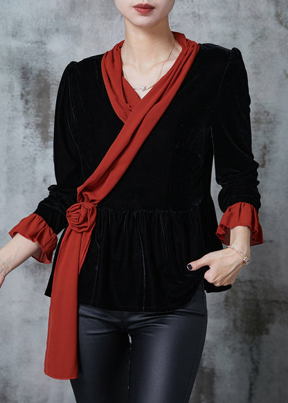 Casual Black Silm Fit Patchwork Floral Silk Velour Blouses Fall