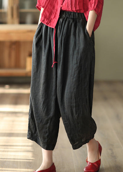 Black Pockets High Waist Linen Harem Pants