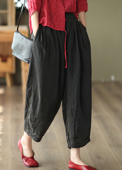Black Pockets High Waist Linen Harem Pants