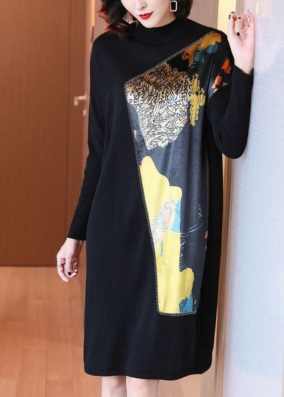 Black Stand Collar Asymmetrical Patchwork Print Knit Long Sweater Winter