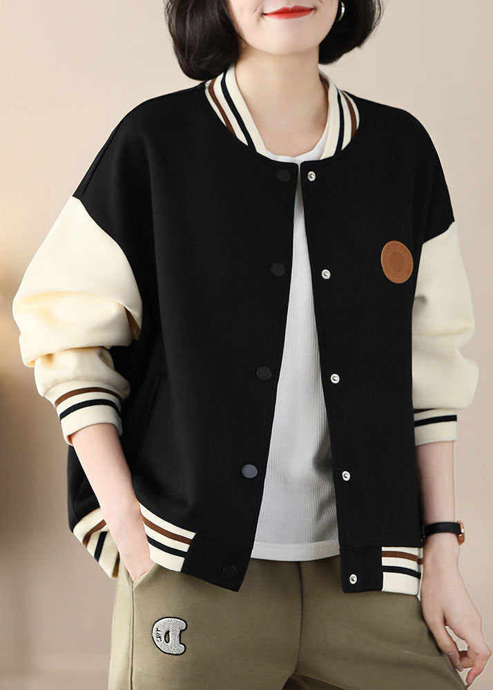 Black Stand Collar Oversized Patchwork Cotton Coats Spring