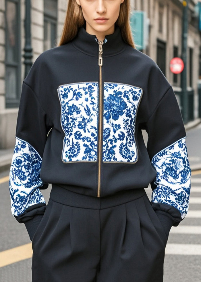Black Stand Collar Print Cotton Jackets Fall