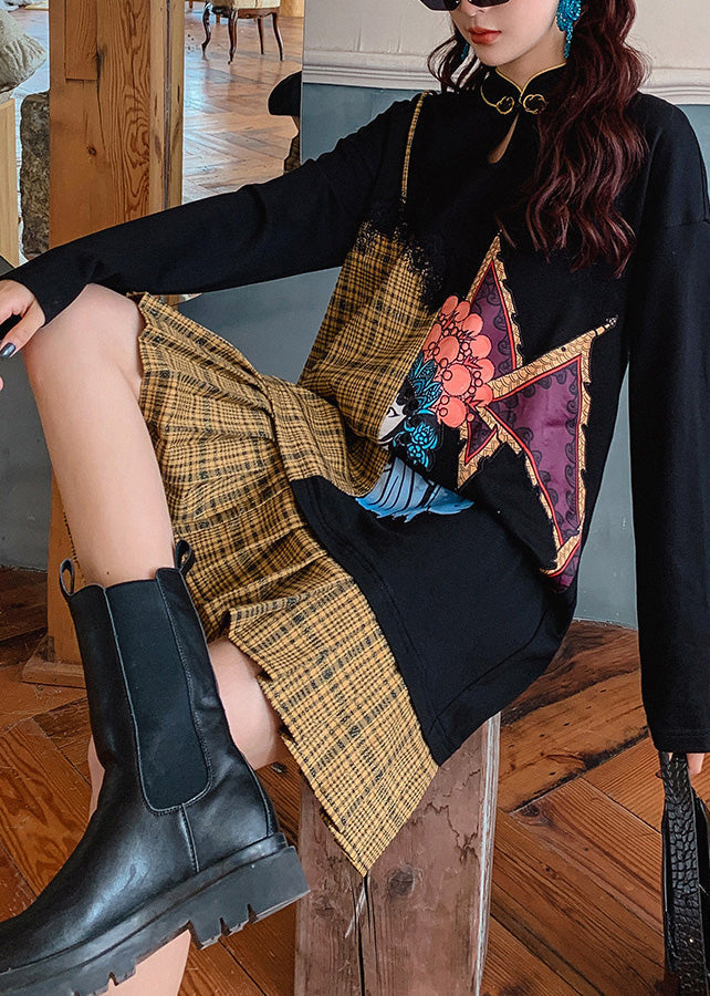 Black Stand Collar Print Patchwork Maxi Dress Long Sleeve