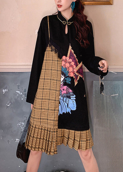 Black Stand Collar Print Patchwork Maxi Dress Long Sleeve