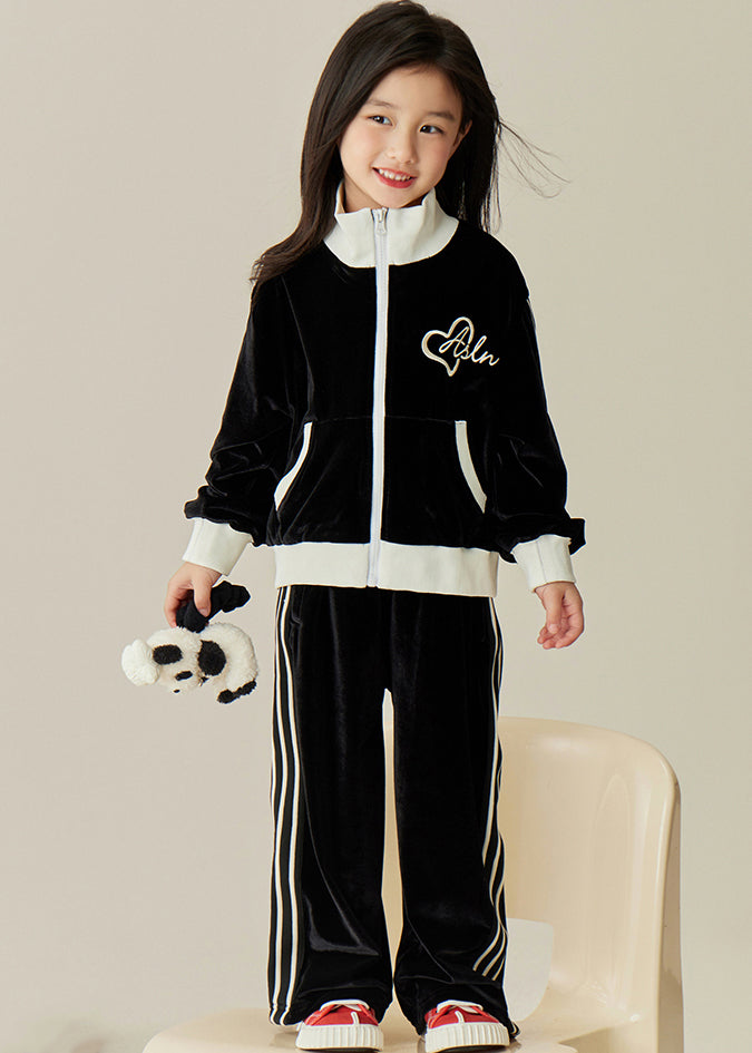 Black Stand Collar Silk Velour Kids Coats and Pants Two Pieces Set Spring