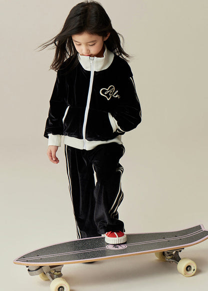 Black Stand Collar Silk Velour Kids Coats and Pants Two Pieces Set Spring