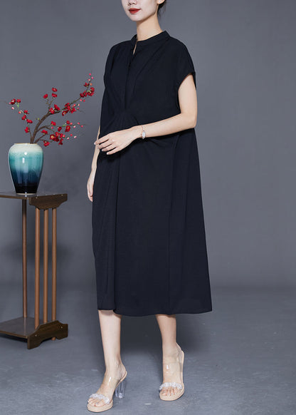 Black Stand Collar Wrinkled Spandex Long Dresses Summer