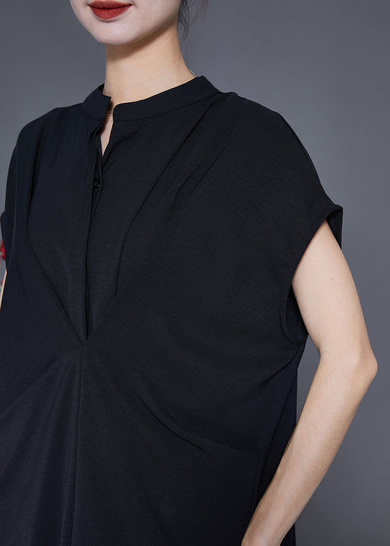 Black Stand Collar Wrinkled Spandex Long Dresses Summer