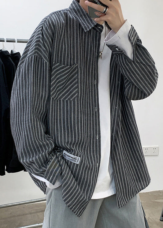 Casual Black Striped Button Pockets Cotton Men Shirts Spring
