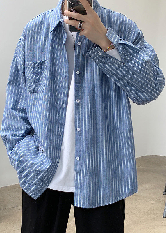 Black Striped Button Pockets Cotton Shirts Spring