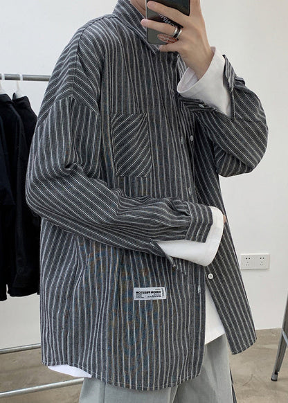 Casual Black Striped Button Pockets Cotton Men Shirts Spring