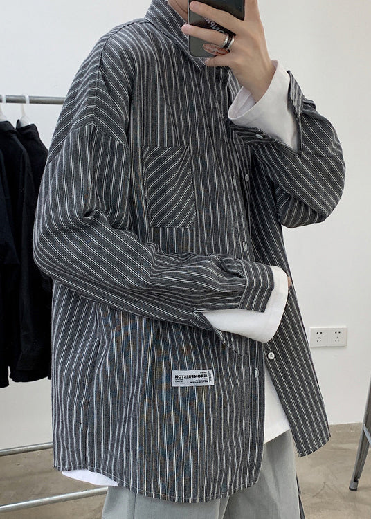 Black Striped Button Pockets Cotton Shirts Spring