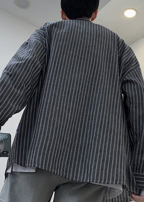 Black Striped Button Pockets Cotton Shirts Spring