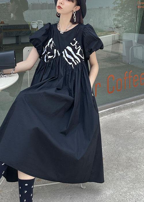 Black Striped Cotton O Neck Cinched Dress