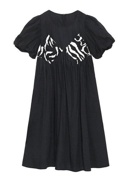Black Striped Cotton O Neck Cinched Dress