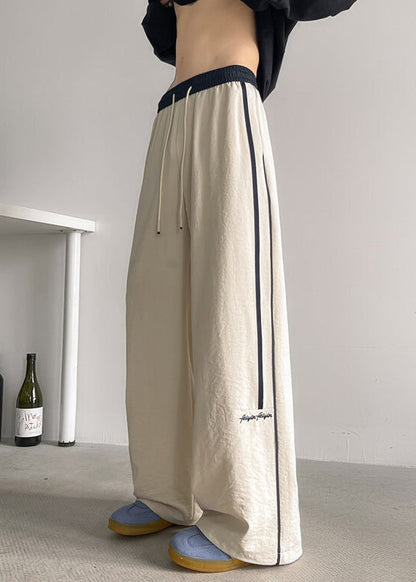 Black Striped Elastic Waist Cotton Wide Leg Pants Summer