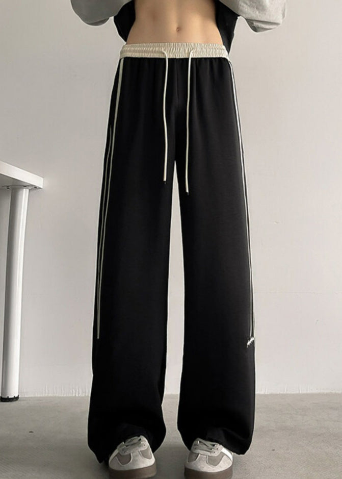 Black Striped Elastic Waist Cotton Wide Leg Pants Summer