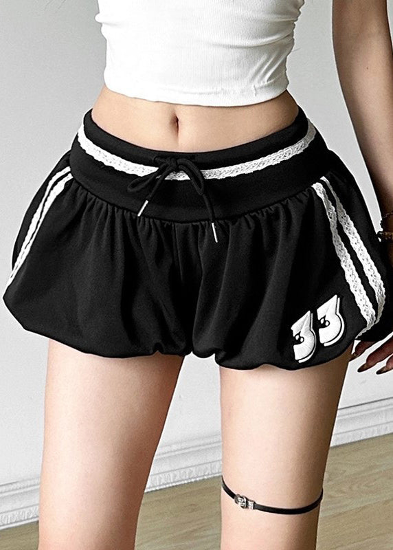 Black Striped Elastic Waist Cotton Shorts Summer