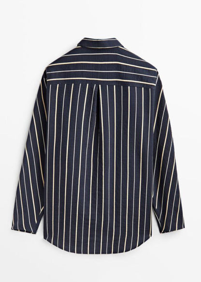 Casual Black Striped Patchwork Low High Design Cotton Shirt Spring