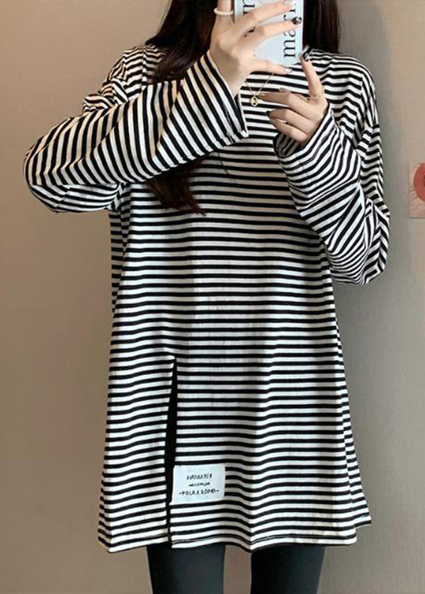 Black Striped Side Open Applique Cotton Shirt Spring