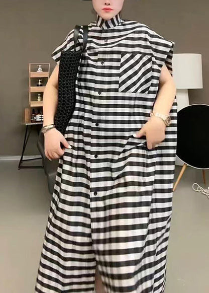 Black Striped Stand Collar Button Maxi Dress Short Sleeve