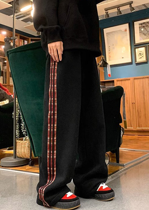 Black Striped Warm Fleece Pants Elastic Waist Spring