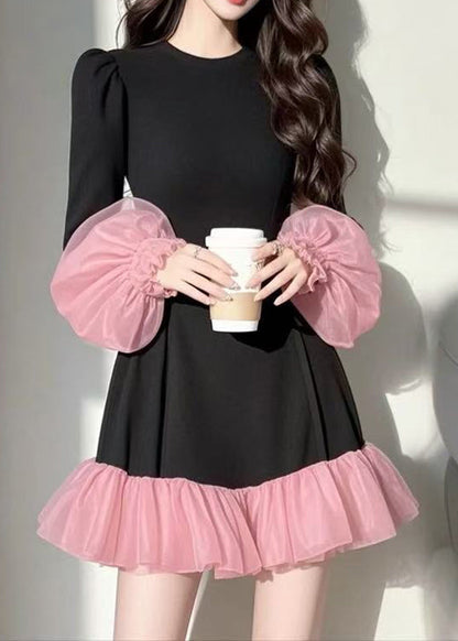 Black Tulle Patchwork Vacation Mid Dresses Puff Sleeve