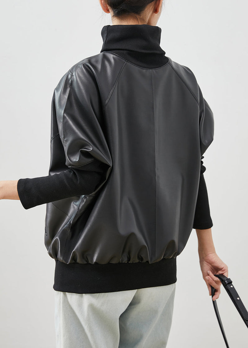 Black Turtle Neck Patchwork Sheepskin Sweatshirt Spring