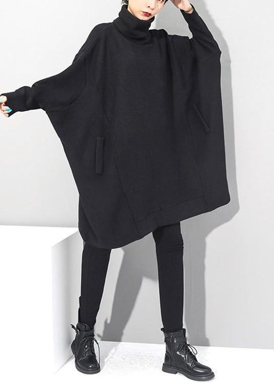 Black Turtleneck Knit Mid Dresses Batwing Sleeve