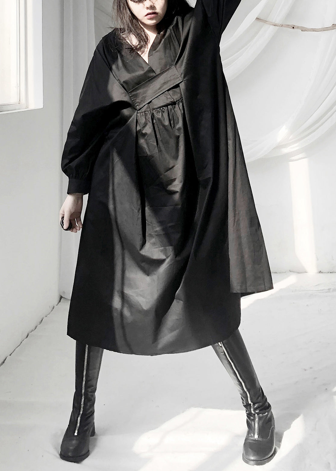 Black V Neck Patchwork Wrinkled Maxi Dress Long Sleeve