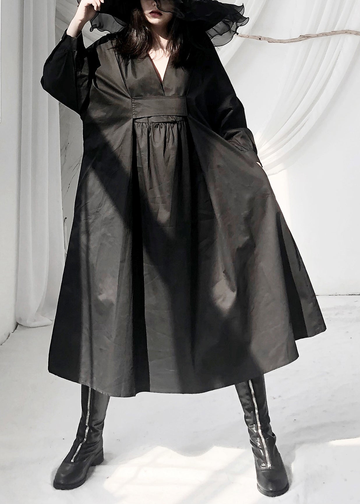 Black V Neck Patchwork Wrinkled Maxi Dress Long Sleeve