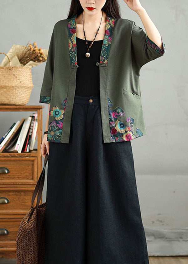 Black V Neck Print Button Cotton Cardigans Fall