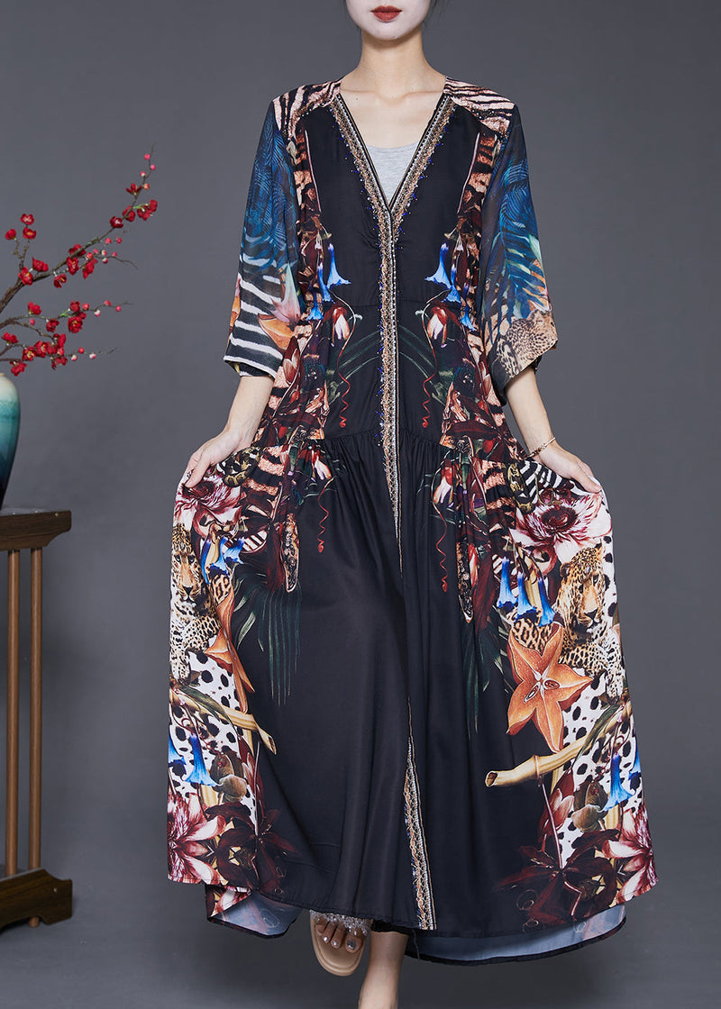 Black V Neck Print Exra Large Hem Chiffon Maxi Dresses Fall