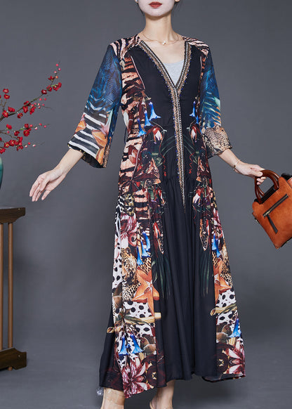 Black V Neck Print Exra Large Hem Chiffon Maxi Dresses Fall