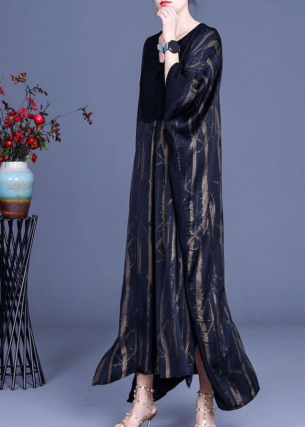Black V Neck Print Patchwork Silk Summer Dresses Batwing Sleeve