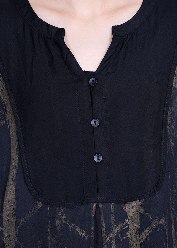 Black V Neck Print Patchwork Silk Summer Dresses Batwing Sleeve