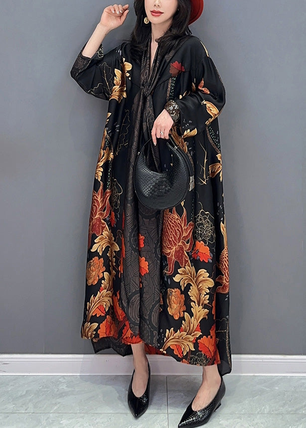 Black V Neck Print Robe Dresses Summer