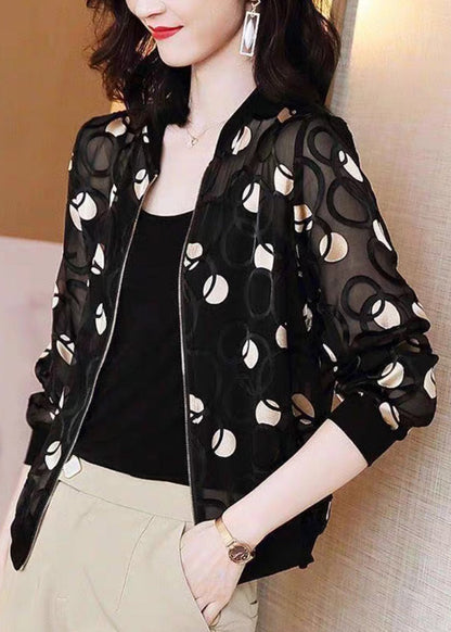 Black V Neck Print Zippered Silk Upf 50+ Coat Long Sleeve